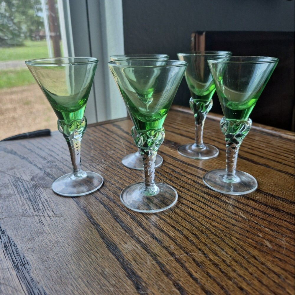 5 Vtg Mini Cordial Shot Glass Green Top Barley Twisted Clear Stem 4-1/4" tall